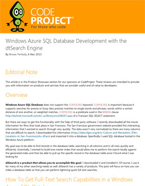 CodeProject Article: Windows Azure SQL Database Development with the dtSearch Engine